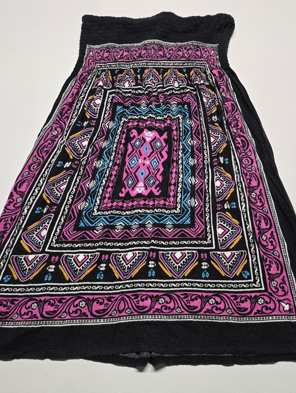 Bohemian Black Smocked Waist Midi Dress with Pink & Blue Print Y2k